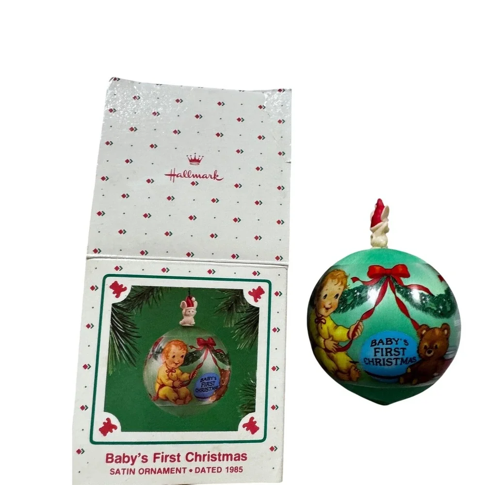 Hallmark Baby's First Christmas Satin Ornament 1985 Keepsake Green Mint Conditio